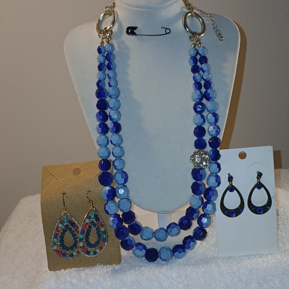 Blue Multi-Strand Statement Necklace, Earrings/Bundle - Picture 2 of 7